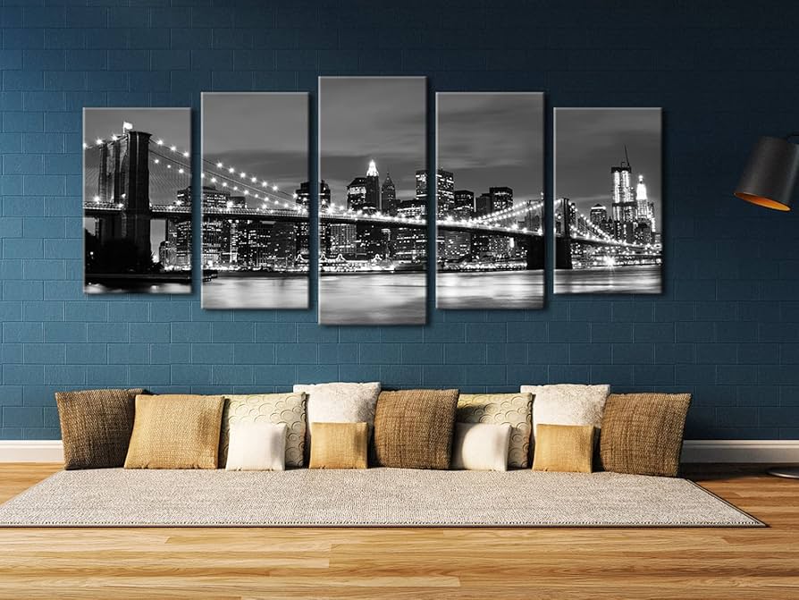 【未使用】モダン　アートパネル5枚セットブルックリン橋夜景　壁画用ピクチャ Amazon.co.jp: Wieco Art ブルックリン橋夜景 5枚のパネル モダンな